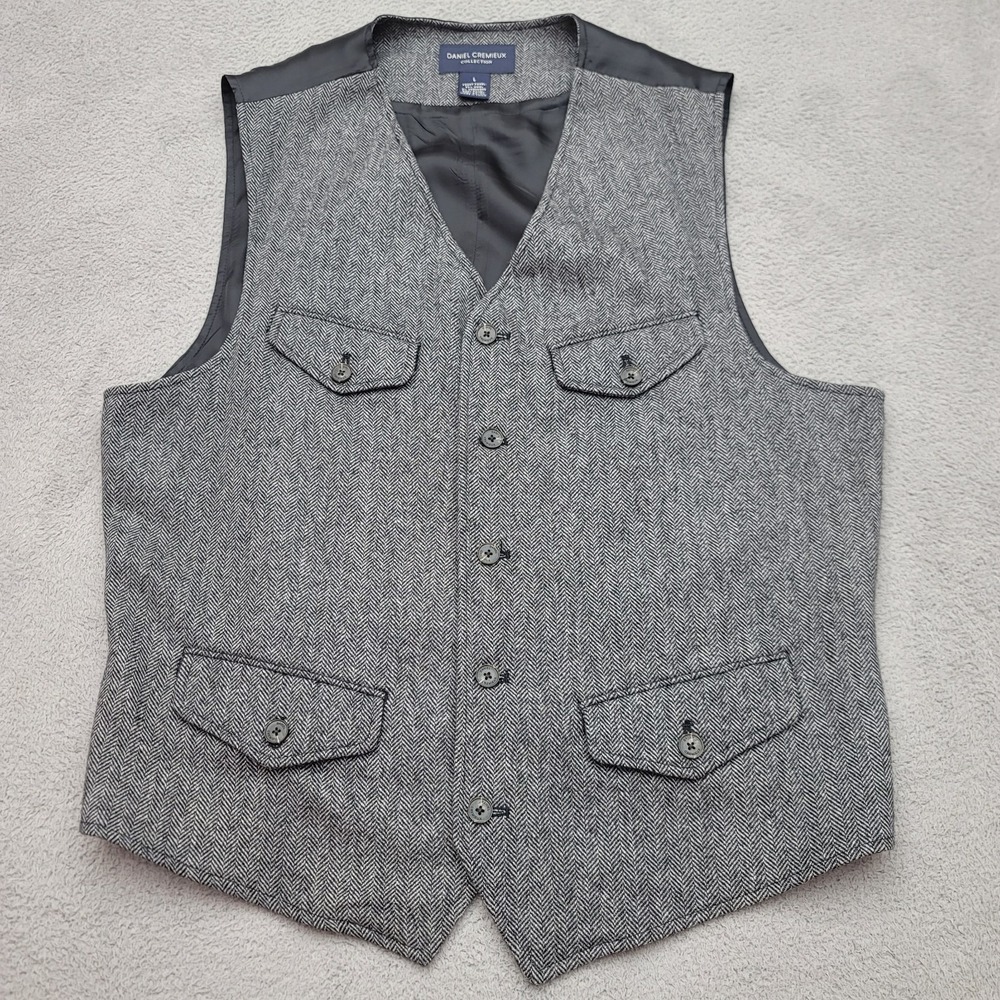 Daniel Cremieux Button Suit Vest Mens L Gray Herringbone Wool Cashmere Blend